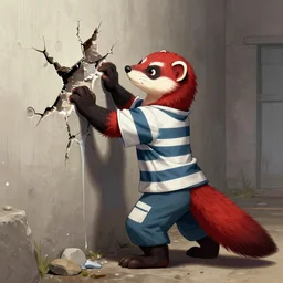 illustration of an anthropomorphic red - and - black weasel - ferret - stoat fursona ( from the furry fandom ) dressed in prisoner's regalia, scratching and chiseling on a prison cell wall creating cracks and impressions, paint flows through the nooks and crannies, art style : world of darkness sourcebook ( by white wolf )
