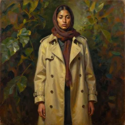 detailed full body portrait in strong femininity, ethnic, realistic face sculpted features, statuesque model, trenchcoat and scarf, leafy backdrop, warm glow, bathed in light, filmic, chiaroscuro, specular highlights, angular impressionism, radiosity, deep rich tones, contemporary art, oil on canvas