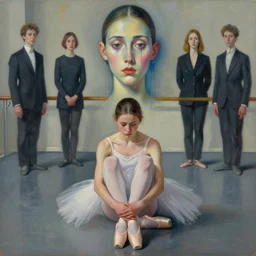 portrait of nervous young girl ballerina sitting on the floor focusing in a dance hall by hernan bas and francis bacon and alberto seveso and pat steir and hilma af klint, psychological, symmetrical face, dripping paint, washy brush, matte painting, rendered in octane, altermodern, masterpiece