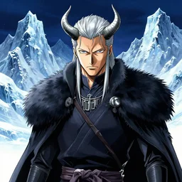 a portrait of Night King of Game of Thrones by Kubo Tite,Bleach manga style,small horns, detailed,ice mountains in the background,artstation,manga