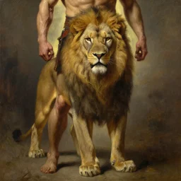 muscular_lion_as_barbarian_hunter, full_body backlight with human_legs , very_textured_detailed_oil_painting_by_rembrandt