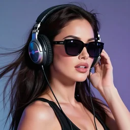 closeup beautiful retro future megan fox varga girl wearing headphones and sunglasses, glamour pose, jersons, windblown dark hair, diesel punk, seductive, hyper detailed, digital art, studio lighting, smooth, ambient volumetric lighting, sharp focus, patrick nagle, 1 9 8 0 s, synthwave