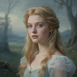 by jack gaughan imposing. a art installation, beauty & mystery of princess aurora. enigmatic smile & gaze invite us into her world, & we cannot help but be drawn in. soft features & delicate way she is dressed make her almost ethereal. landscape distance & mystery. what secrets princess aurora holds.