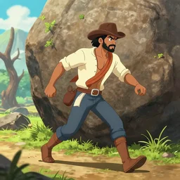 “Indians jones running away from a boulder, anime style”