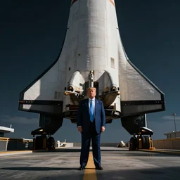 trump standing underneath starship rocketship