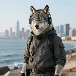 an anthro wolf technician wearing headphones and glasses standing in front of a coastal skyline, 4k photorealistic,