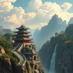 a gorgeous landscape painting by barlowe wayne maxfield parrish and marco mazzoni. chinese hanging temple. yungang buddh. the winding steps. stone bridge. clouds in the wind!! ultra clear detailed. 3 d, octane render. water fall farom the mountain.