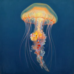Jellyfish. Extremely high detail, details, realistic, masterpiece, colorful. Portrait painting by Arthur Rackham, Eugene de Blaas, Frederic Leighton