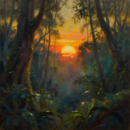 lost in mystic jungle with sunset and backlight , high texture oil painting by frank frazetta