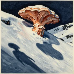 ancient beings, snow, by gediminas pranckevicius, dark shadows, woodblock, complementary - colors, tremella - mesenterica, poster, polished, discovering enlightenment, by james gilleard