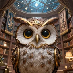 cute steampunk owl with a polygonal library walls and glass ceilings showing the stars and hanging silk drapery and tapestries, light dust, magnificent, close up, details, sharp focus, elegant, highly detailed, illustration, by jordan grimmer and greg rutkowski and pine ( ハイネ ) and 薯 子 imoko and 香 川 �