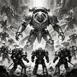 Warhammer 40k Tyranids devouring Space Marines in the battlefield, art by Junji Ito, black and white, very detailed, graphic, horror