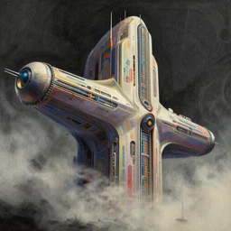 exterior portrait of a scifi spacestation, colorful, modern art deco, mads berg, karolis strautniekas, christopher balaskas, stippled light, fog, moody, fine texture, editorial illustration, dramatic lighting, dynamic composition, detailed, matte print, dynamic perspective, muted color, void, sacred geometry