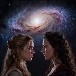 Andromeda Milky Way Platonic love story by Jeff Easley cinematic, coherent, realistic faces, clear, detailed, intricate, dramatic lighting, establishing shot, 8k resolution