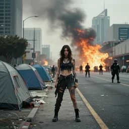 Candid extreme wide shot of a poor techwear mixed woman with tattoos outside of a futuristic Los Angeles on fire, homeless tents on the side of the road, military police, cyberpunk, 4k, extreme long shot, desaturated, full shot, action shot, blurry, sigma 85mm f/1.4, high resolution, 4k, 8k, hd, full color