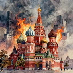 a painting of a burning Red Square in Moscow, a watercolor and matte painting by Beeple and RHADS and maxfield parrish, cgsociety, brutalism, dystopian art, sci-fi, artstation hq