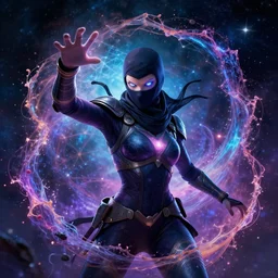 ninja queen galaxy bender conjuring the quantum field, elevated consciousness, beautiful astrological neural network, matte painting and comic book art, twist of time, realistic, trending on artstation, sharp focus, depth of field, cinematic composition, physics splashes of colors, science fiction, octane render