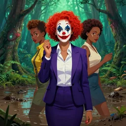 mix of beautiful dark skinned clown woman as a business woman, perfect faces, magical forest, muddy swamp, very coherent and colorful high contrast art, artstation, deviantart, digital art