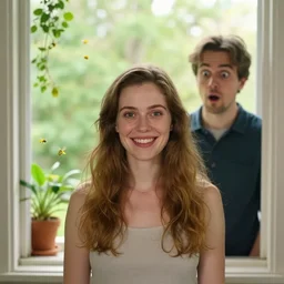 a portrait of a woman standing infront of a window, she is happy and has lovely hair and eyes, a man is standing behind her with a look of suprise in his face, 🪴🌳🐝, 8 k, lowbrow, in the style of daniel merriam and alexander jansson,