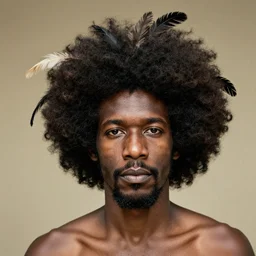 very old photo depicting a black man with afro and feathers in hair, hyper realism, photo real, photographed by thomas easterly, full frame,,