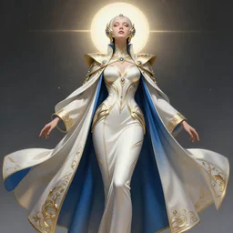 detailed beautiful noun in opened white gold blue coat, seductive confident pose, attractive feminine curves, intricate details, futuristic, alien, elegant cape, elegant, photorealism, trending on artstation, holy halo, advanced technology, art by moebius and vitaly bulgarov and chanthara