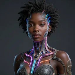 beautiful african organic cyborg, neon tube connections, diffuse lighting, fantasy, intricate, highly detailed, lifelike, photorealistic, digital painting, artstation, illustration, concept art, smooth, sharp focus