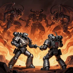 Doom marine fighting with daemons on a lava background, Moebius style