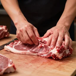 low angle view closeup of a butcher preparing meats