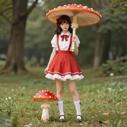 girl cosplaying as fly agaric, full shot, concept art, natural lighting, illustration, full color, highly detailed, photorealistic, by greg rutkowski, artstation,