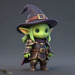cute tiny goblin girl wearing hunter armor from Bloodborne and a wizard hat, geeen skin, d&d, shadbase