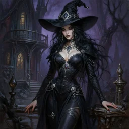 painting of alluring witch in the haunted house, detailed face, messy black hair, skintight robes and leggins, hat, silver accessories, high fantasy, dnd, smooth, sharp focus, award - winning, masterpiece, extremely detailed, intricate, art by rebecca guay, rossdraws, magali villeneuve