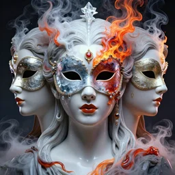 3 d goddess portrait, face in the center. beautiful glossy intricate highly detailed venetian mask. ice, milk, lava, flame, smoke, artwork by tooth wu and wlop and beeple and greg rutkowski, 8 k trending on artstation, volumetric lighting