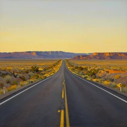 a painting of the loneliest highway in nevada by norman rockwell, golden hour, detailed, art gallery quality