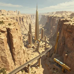 a retro futurism city made of sandstone and brass with towering elegant elevated railways connecting districts across a unfathomably large canyon on another world by robert mccall and john berkey | ralph mcquarrie :. 5 | unreal engine :. 3