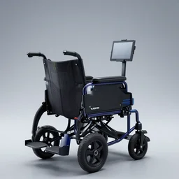 a cyberpunk electric wheelchair with a tablet holder