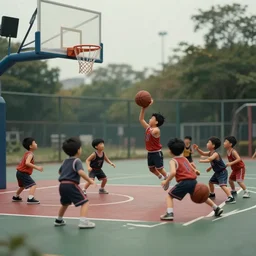 photograph of midgets midgets midgets playing basketball, basketball court, concept art, cinematic, hyperrealistic, photorealistic, Trending on artstation