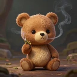 cute little anthropomorphic Teddy Bear smoking weed, cover art, ultra wide lens shot , tiny, small,  short, cute and adorable, pretty, beautiful, DnD character art portrait, matte fantasy painting, DeviantArt Artstation, by Jason Felix by Steve Argyle by Tyler Jacobson by Peter Mohrbacher, cinematic lighting