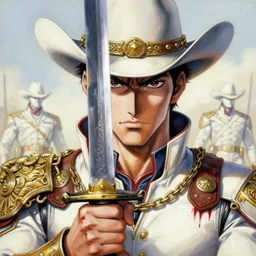 portrait of a futuristic cowboy holding his sword in front of his face by yoji shinkawa, high quality, extra details, realism, ornate, colored, golden chain, blood, white skin, short hair, brown eyes, vivid, sunlight, dynamic, american man, freedom, white american soldier, painting