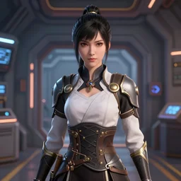 character female, official media a close up, face up, High Definition, antilous chao, artstation,Full body, warrior outfit In the background the internal facilities of a ship