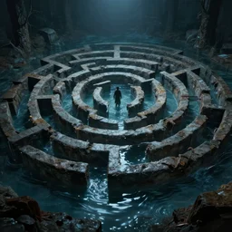 labyrinth half filled with water, dynamic, scary, detailed, cinematic, dramatic lighting, by george tooker