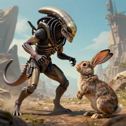 yautja fights the rabbit from monty python and the holy grail, scenic, detailed octane render trending on artstation artgem, artistic 8 k photography, masterpiece, alien vs predator