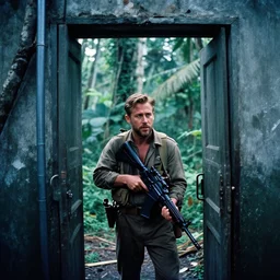 film still, extreme far view, ryan gosling, jungle, vietnam door gunner!!!, apocalypse now, associated press, 2 6 mm, kodak ektachrome, blue tint expired film