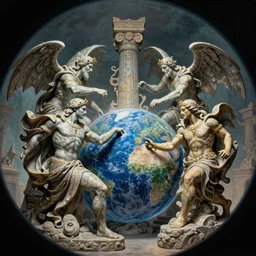 An epic fantastic atmospheric comic book style painting of a polished stone sculpture of ancient gods battling over the Earth, fisheye lens,  atmospheric, concept art, saturation 8，DAZ, dynamic lighting