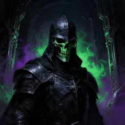a close - up view portrait of a silhouetted lone dark knight, brutalist halls with metallic alien technology. close - up view, detailed textures. glowing green purple fog, dark black background. murder poison skull face, highly detailed fantasy science fiction painting by moebius, norman rockwell, frank frazetta, and syd mead. rich colors, high contrast, hyperrealistic, ultra detailed, advertisement still