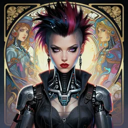 beautiful female punk, portrait, cyberpunk, symmetry, detailed, cybernetic, intricate, dynamic lighting, digital art, digital painting, artstation, wlop, sharp focus, illustration, art by artgerm and greg rutkowski and alphonse mucha, 8 k