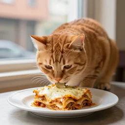 fat orange tabby cat eating lasagna on a table, afternoon, by michelangelo neighborhood outside window