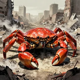 a giant mechanical weapons battle armor crab in the middle of war - torn battlefield of a crumbling city, some smoke, artstation, concept art, smooth, sharp focus, vivid grunge, manga, illustration, unreal engine 5, 8 k, wide angle, by bilibin and kuvshinov and malevich and mucha, traditional japanese colors, superior quality, very detailed
