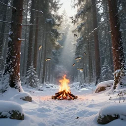 snowy forest clearance with sunrays shining through the trees and a campfire in the middle fish flying around it, fantasy world, masterpiece, octance render, art station, professionally retouched, soft lighting