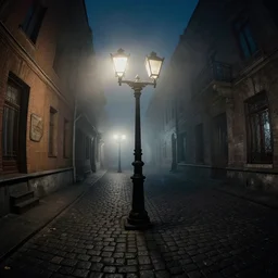 curved perspective, extreme narrow, extreme fisheye, digital art of a night foggy street with victorian street lamps over cobblestone floor by anton fadeev from nightmare before christmas