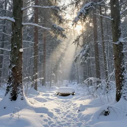 A small clearing in a dense snowy forest, snowing in winter, volumetric sun rays, Thomas Kinkade, Greg Rutkowski, ArtStation, CGSociety, Unreal Engine